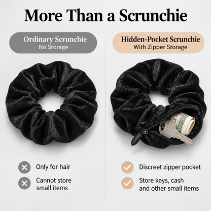 ✨ 𝙎𝙥𝙚𝙘𝙞𝙖𝙡 𝙋𝙧𝙤𝙢𝙤𝙩𝙞𝙤𝙣 | Hidden Zipper Pocket Scrunchie – Satin Hair Tie for Keys, Cash & Small Essentials