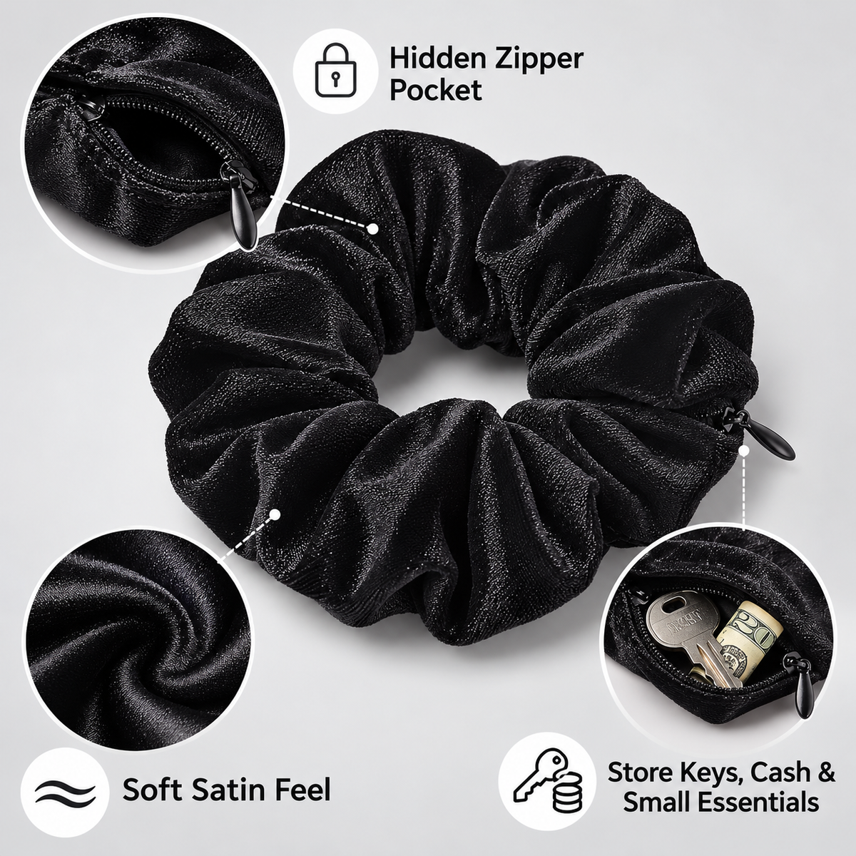 ✨ 𝙎𝙥𝙚𝙘𝙞𝙖𝙡 𝙋𝙧𝙤𝙢𝙤𝙩𝙞𝙤𝙣 | Hidden Zipper Pocket Scrunchie – Satin Hair Tie for Keys, Cash & Small Essentials