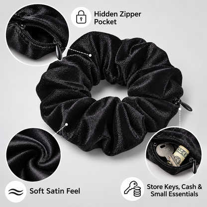 ✨ 𝙎𝙥𝙚𝙘𝙞𝙖𝙡 𝙋𝙧𝙤𝙢𝙤𝙩𝙞𝙤𝙣 | Hidden Zipper Pocket Scrunchie – Satin Hair Tie for Keys, Cash & Small Essentials