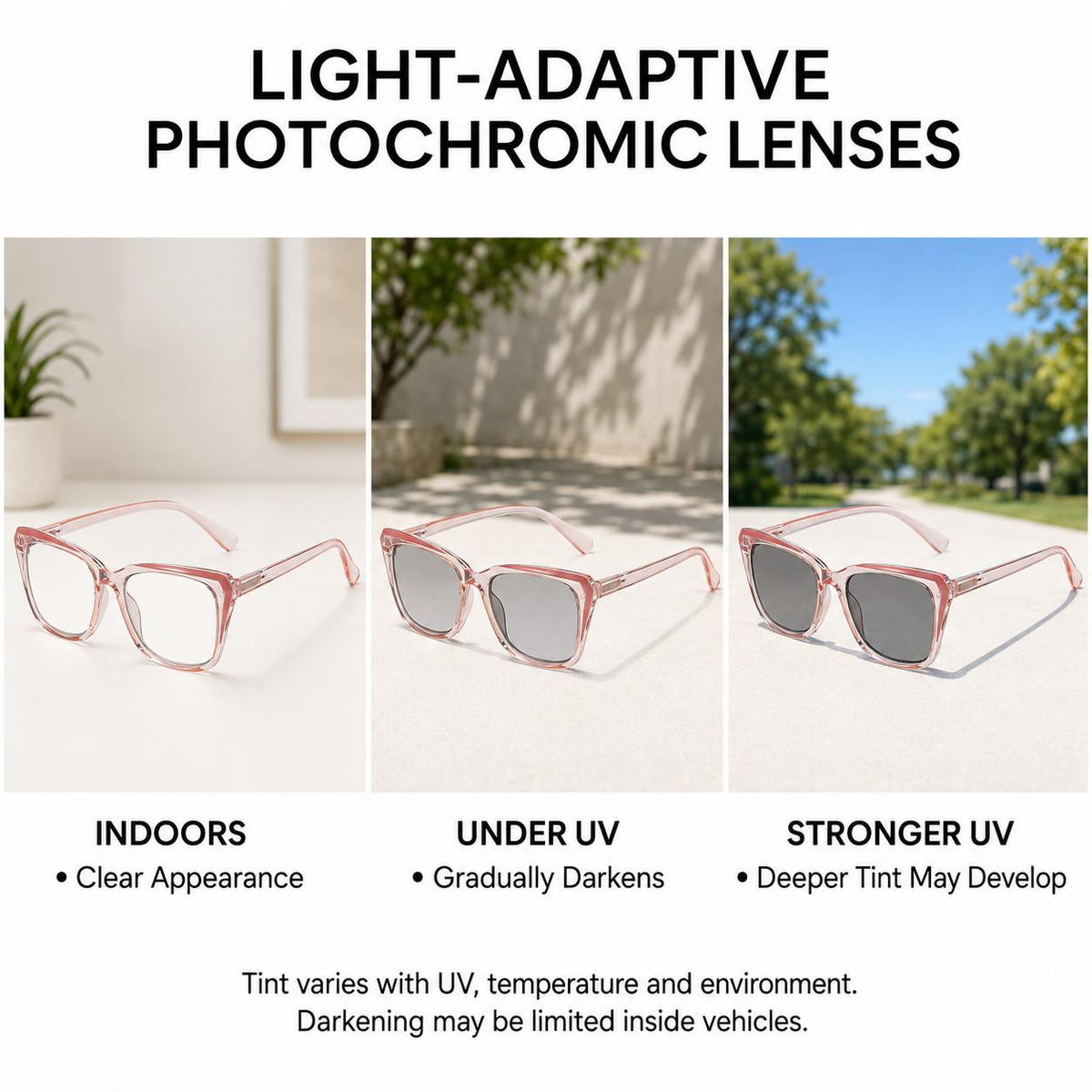 Progressive Photochromic Readers for Women, Pink Square Multifocal Reading Glasses for Books, Phone and Screen Use