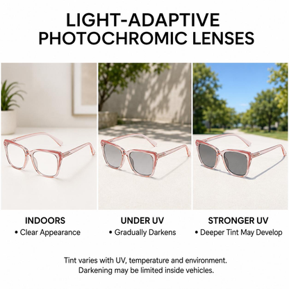 Progressive Photochromic Readers for Women, Pink Square Multifocal Reading Glasses for Books, Phone and Screen Use
