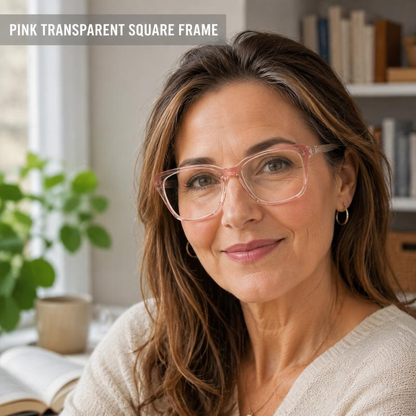 Progressive Photochromic Readers for Women, Pink Square Multifocal Reading Glasses for Books, Phone and Screen Use