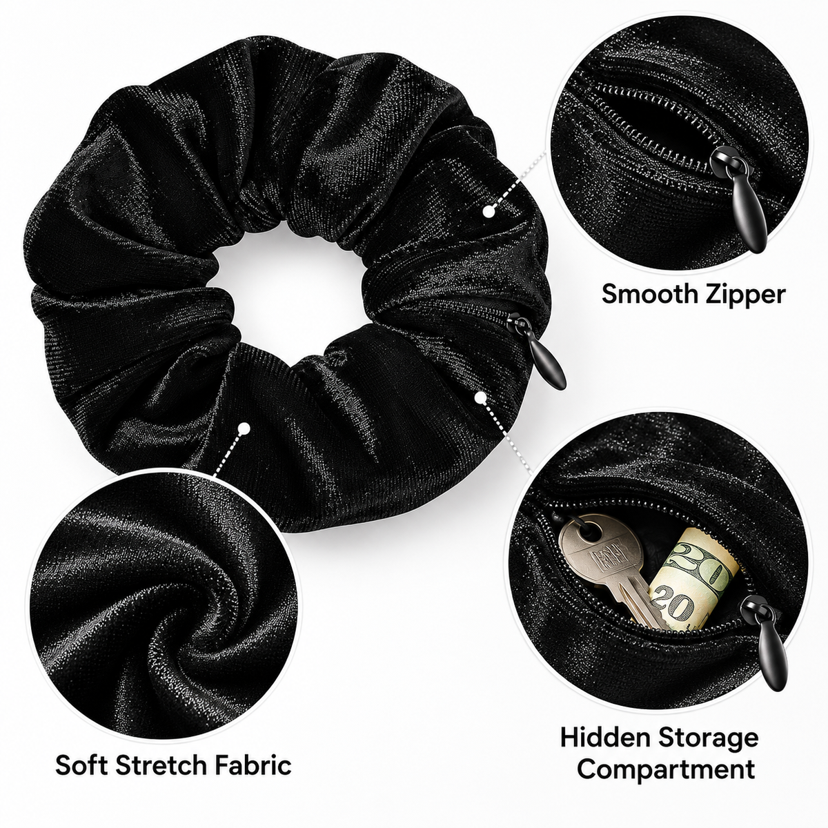 ✨ 𝙎𝙥𝙚𝙘𝙞𝙖𝙡 𝙋𝙧𝙤𝙢𝙤𝙩𝙞𝙤𝙣 | Hidden Zipper Pocket Scrunchie – Satin Hair Tie for Keys, Cash & Small Essentials