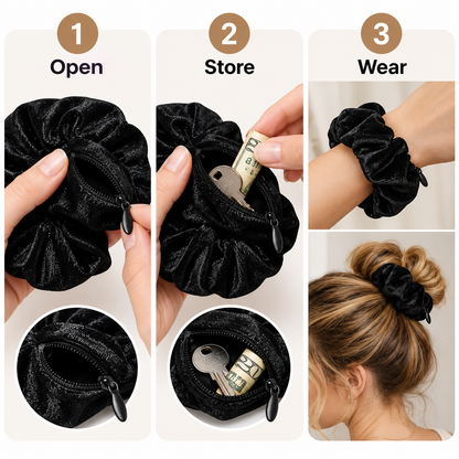 ✨ 𝙎𝙥𝙚𝙘𝙞𝙖𝙡 𝙋𝙧𝙤𝙢𝙤𝙩𝙞𝙤𝙣 | Hidden Zipper Pocket Scrunchie – Satin Hair Tie for Keys, Cash & Small Essentials